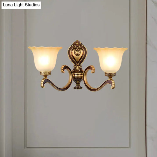 Antiqued Frosted Glass Bell Wall Lamp Fixture With Brass Accent For Bedroom Up Mounting