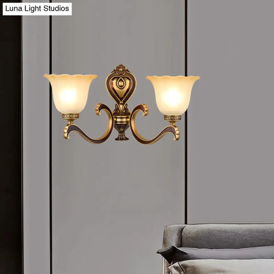 Antiqued Frosted Glass Bell Wall Lamp Fixture With Brass Accent For Bedroom Up Mounting