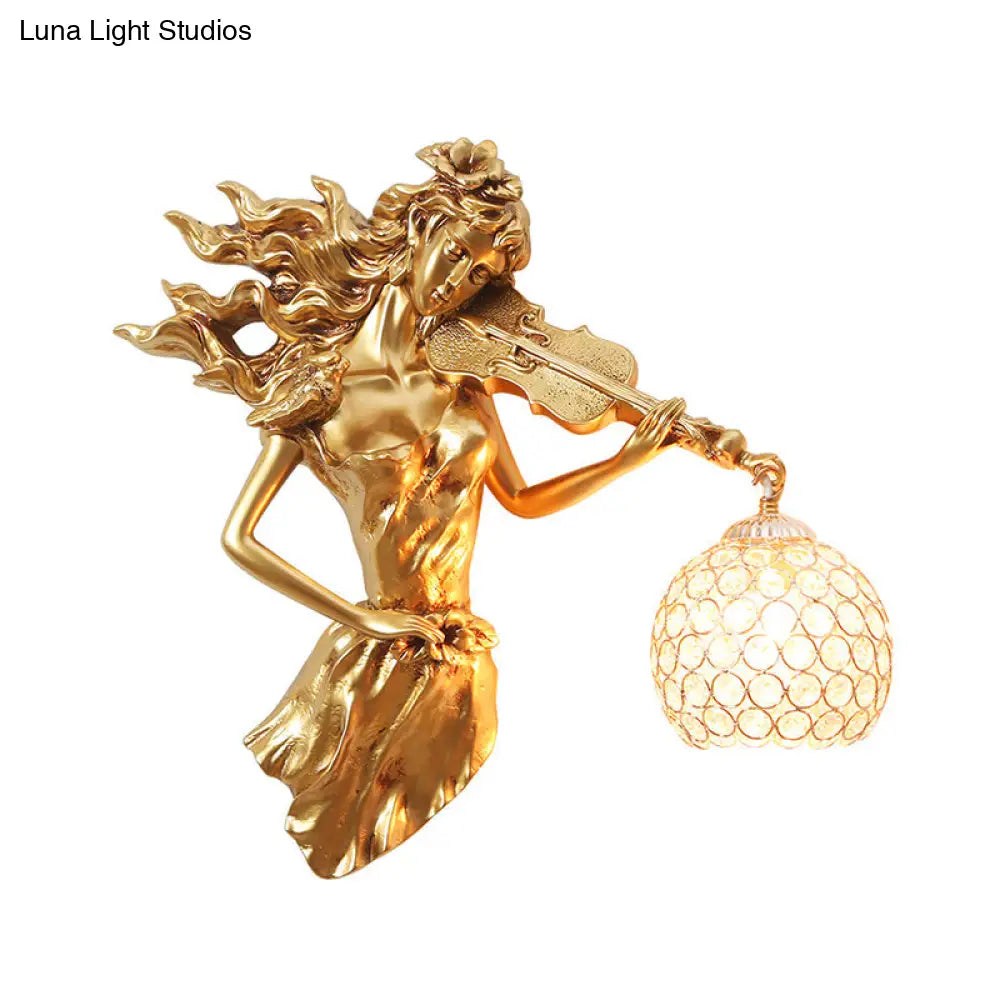 Antiqued Girl With Violin Wall Lamp: Single Bulb Resin Sconce Clear Crystal Shade In White/Gold