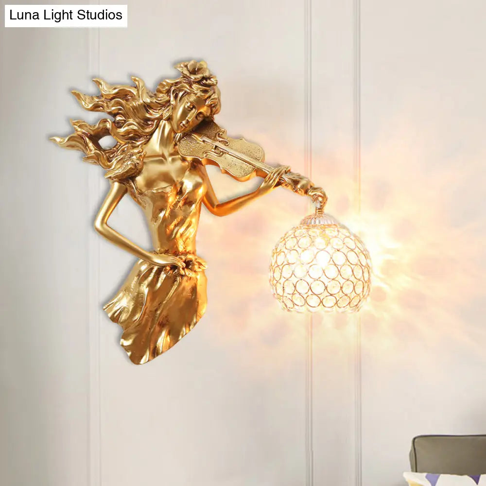 Antiqued Girl With Violin Wall Lamp: Single Bulb Resin Sconce Clear Crystal Shade In White/Gold