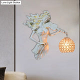 Antiqued Girl With Violin Wall Lamp: Single Bulb Resin Sconce Clear Crystal Shade In White/Gold