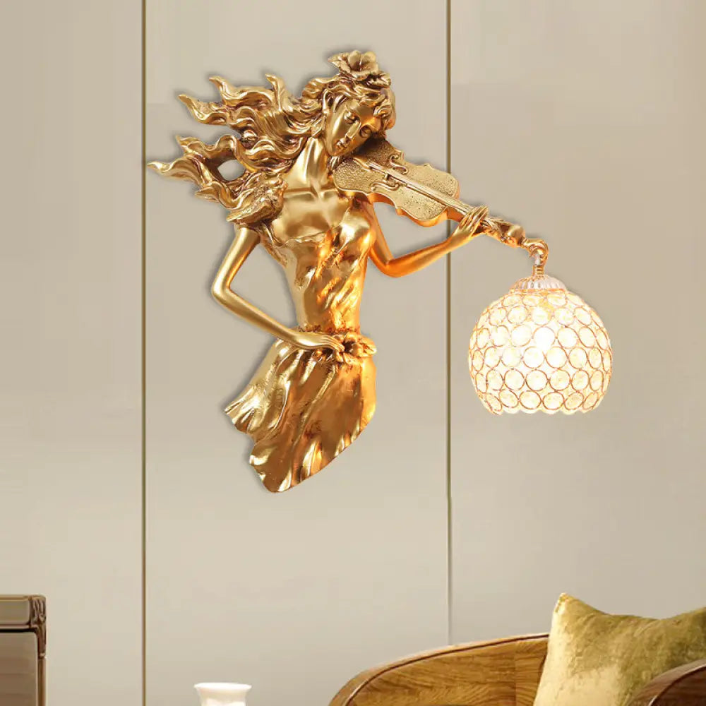 Antiqued Girl With Violin Wall Lamp: Single Bulb Resin Sconce Clear Crystal Shade In White/Gold Gold
