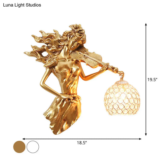 Antiqued Girl With Violin Wall Lamp: Single Bulb Resin Sconce Clear Crystal Shade In White/Gold