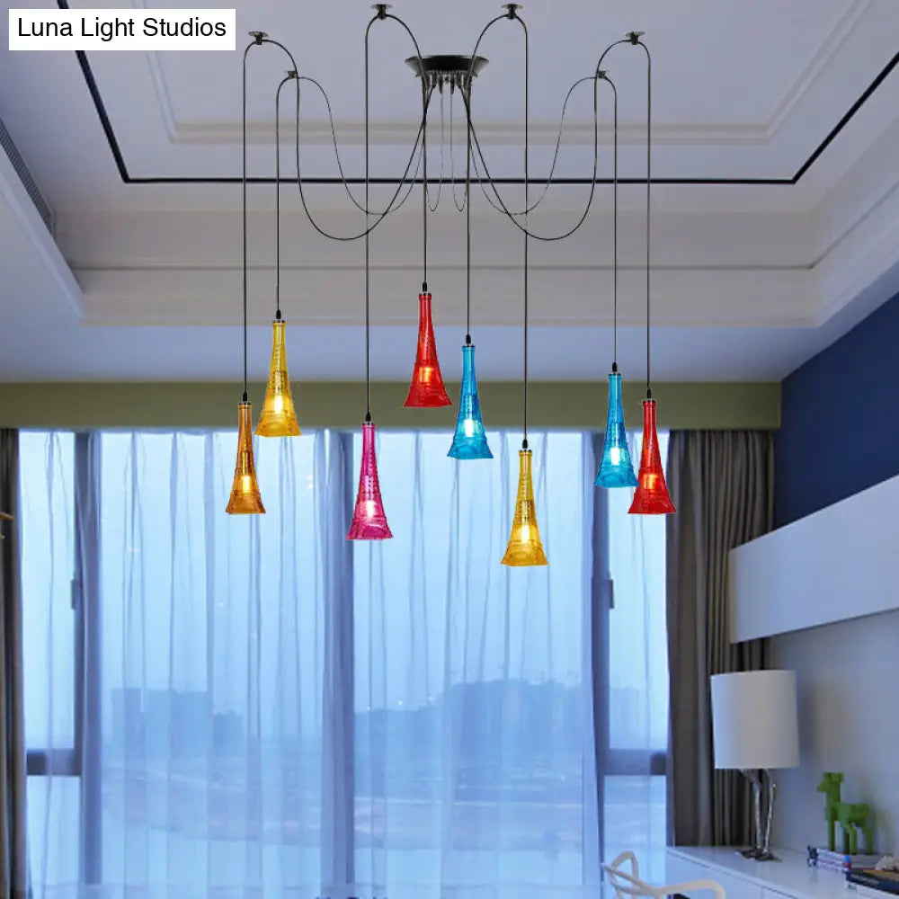 Black Eiffel Tower Shape Pendant Swag Ceiling Fixture With Colorful Glass: 8-Bulb Multi Light