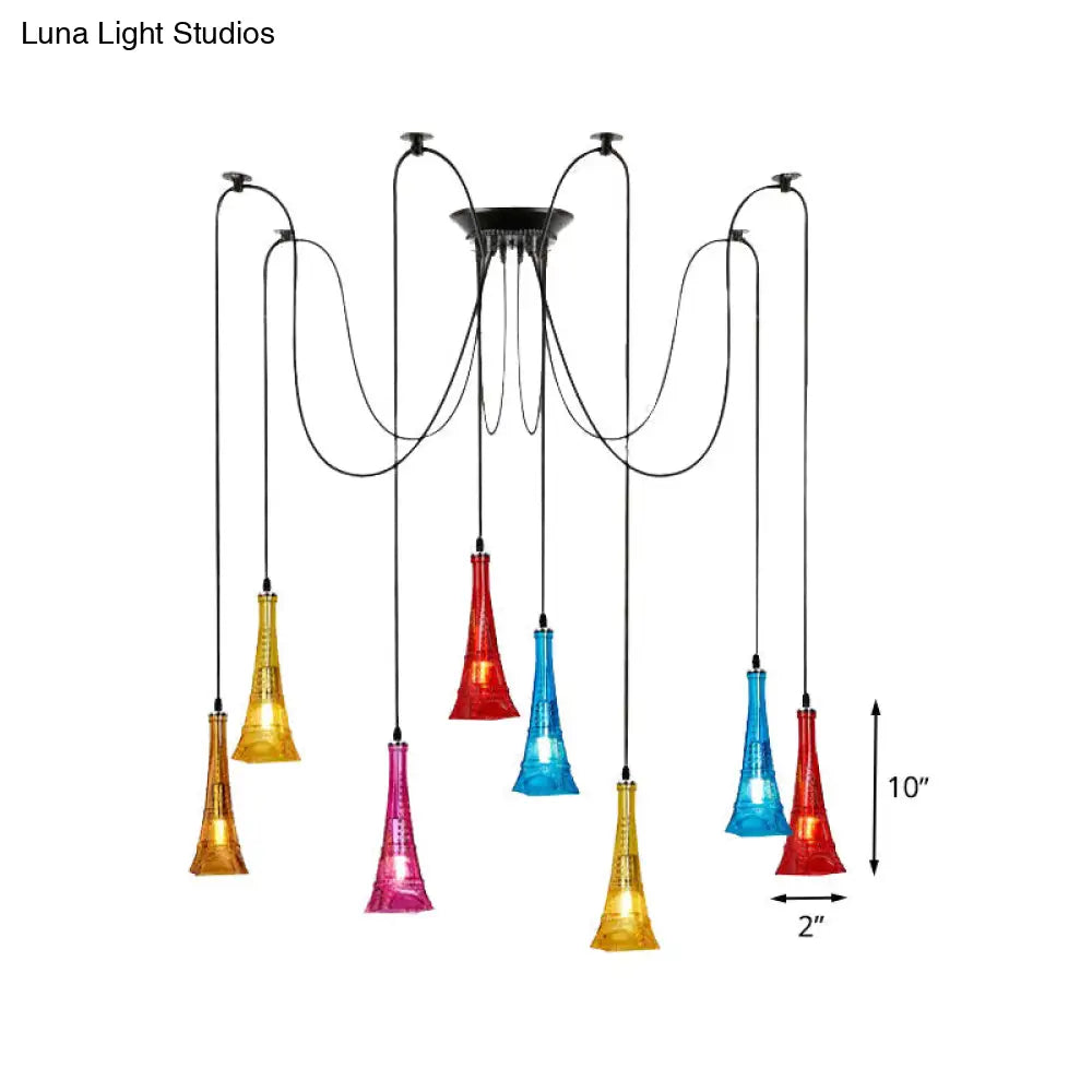 Black Eiffel Tower Shape Pendant Swag Ceiling Fixture With Colorful Glass: 8-Bulb Multi Light