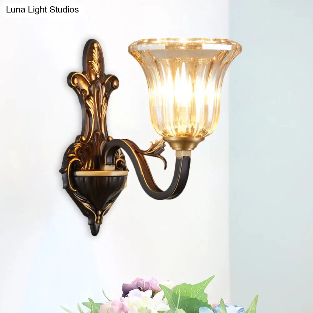 Antiqued Inverted Bell Wall Lamp: 1/2-Light Ribbed Glass Fixture With Curvy Brass Arm