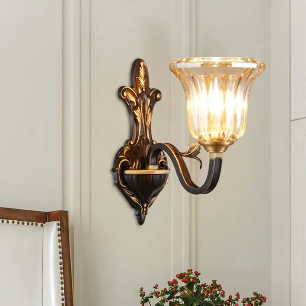 Antiqued Inverted Bell Wall Lamp: 1/2-Light Ribbed Glass Fixture With Curvy Brass Arm 1 /