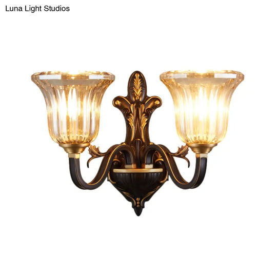 Antiqued Inverted Bell Wall Lamp: 1/2-Light Ribbed Glass Fixture With Curvy Brass Arm