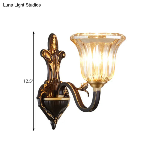 Antiqued Inverted Bell Wall Lamp: 1/2-Light Ribbed Glass Fixture With Curvy Brass Arm