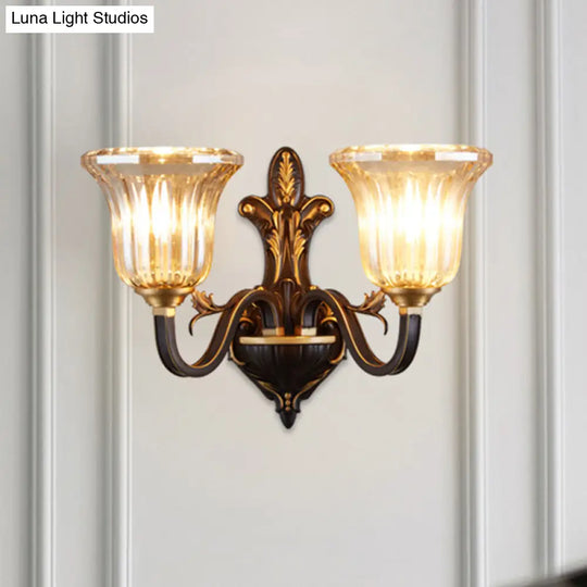 Antiqued Inverted Bell Wall Lamp: 1/2-Light Ribbed Glass Fixture With Curvy Brass Arm