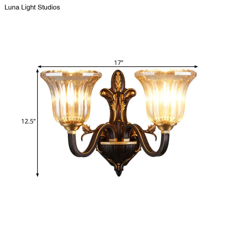 Antiqued Inverted Bell Wall Lamp: 1/2-Light Ribbed Glass Fixture With Curvy Brass Arm