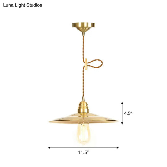 Antiqued Iron Gold Pendant Lamp With Single-Bulb Flat/Bowl/Cone Shade Suspension Fixture