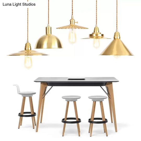 Iron Gold Pendant Lamp With Flat/Bowl/Cone Shade & Single-Bulb - Vintage Suspension Fixture / Flare