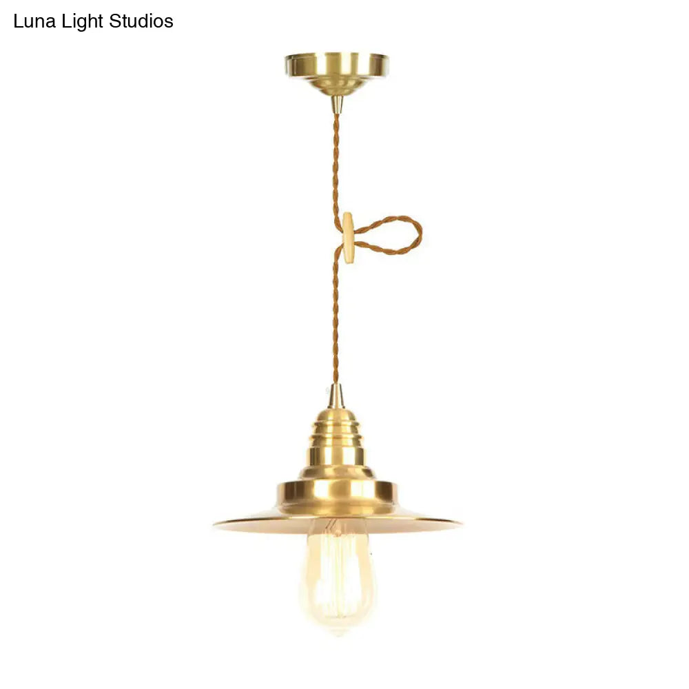 Antiqued Iron Gold Pendant Lamp With Single-Bulb Flat/Bowl/Cone Shade Suspension Fixture