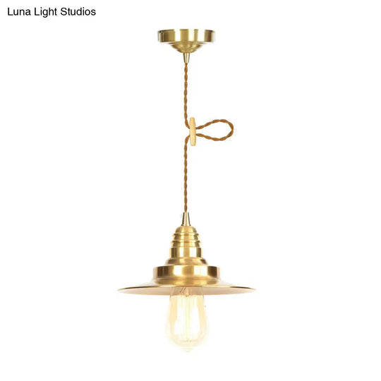 Antiqued Iron Gold Pendant Lamp With Single-Bulb Flat/Bowl/Cone Shade Suspension Fixture