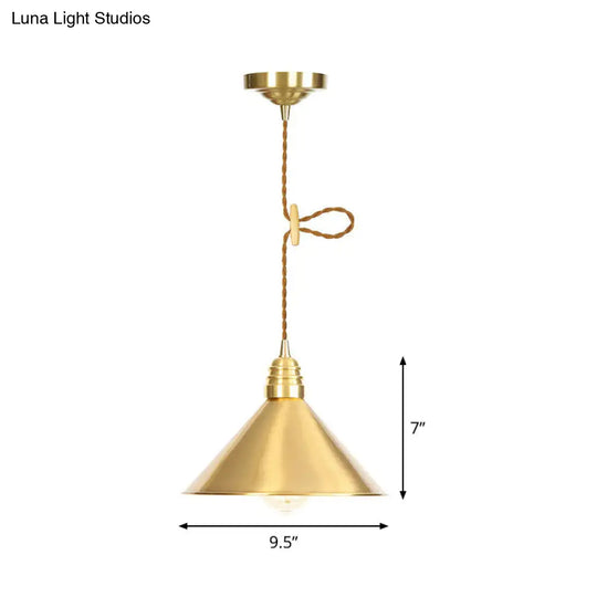 Iron Gold Pendant Lamp With Flat/Bowl/Cone Shade & Single-Bulb - Vintage Suspension Fixture