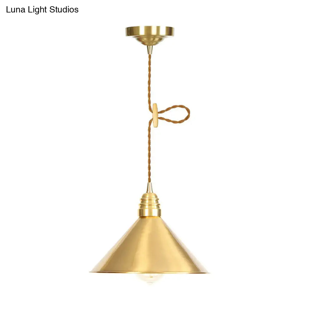 Antiqued Iron Gold Pendant Lamp With Single-Bulb Flat/Bowl/Cone Shade Suspension Fixture