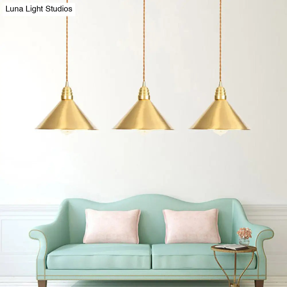 Iron Gold Pendant Lamp With Flat/Bowl/Cone Shade & Single-Bulb - Vintage Suspension Fixture /