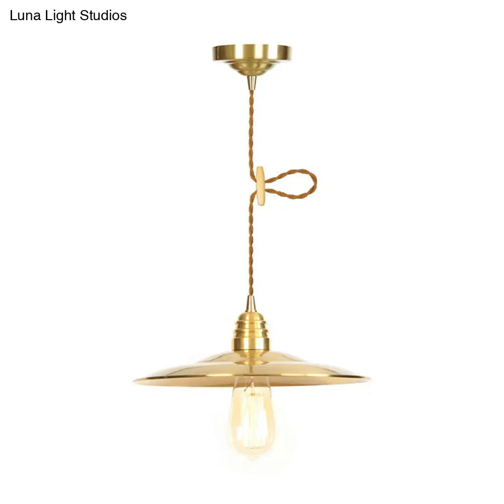 Iron Gold Pendant Lamp With Flat/Bowl/Cone Shade & Single-Bulb - Vintage Suspension Fixture