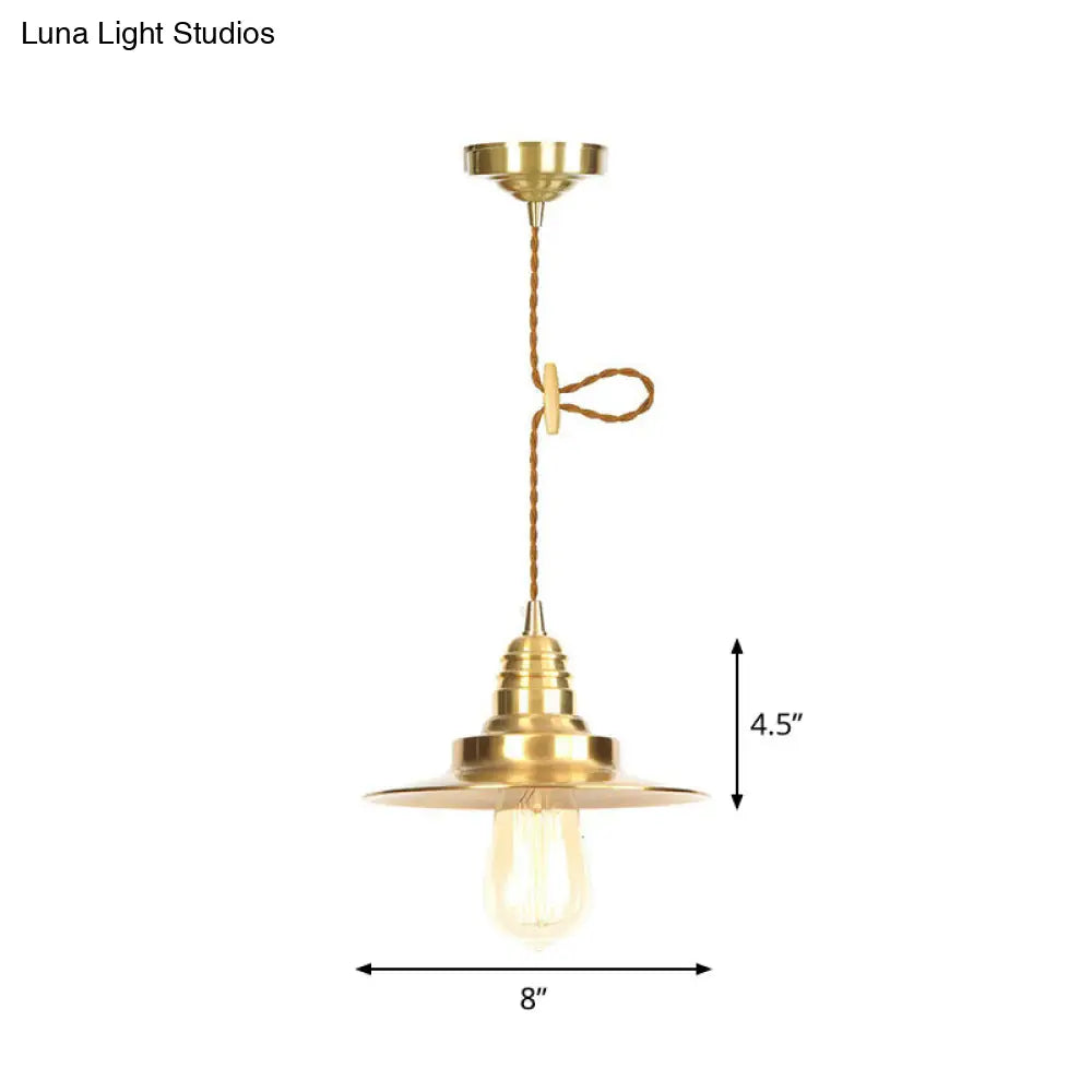 Iron Gold Pendant Lamp With Flat/Bowl/Cone Shade & Single-Bulb - Vintage Suspension Fixture