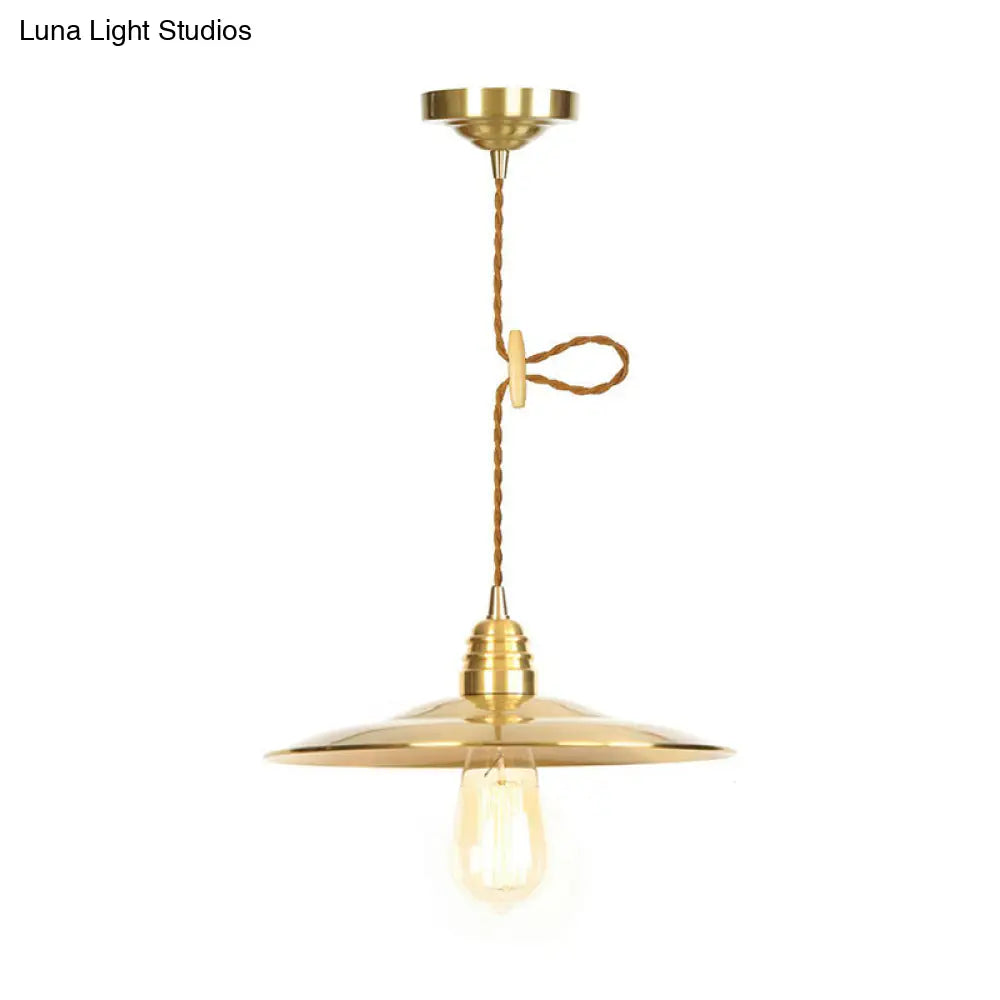 Antiqued Iron Gold Pendant Lamp With Single-Bulb Flat/Bowl/Cone Shade Suspension Fixture