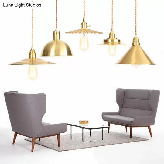 Iron Gold Pendant Lamp With Flat/Bowl/Cone Shade & Single-Bulb - Vintage Suspension Fixture