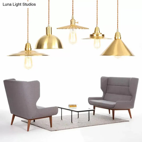 Antiqued Iron Gold Pendant Lamp With Single-Bulb Flat/Bowl/Cone Shade Suspension Fixture