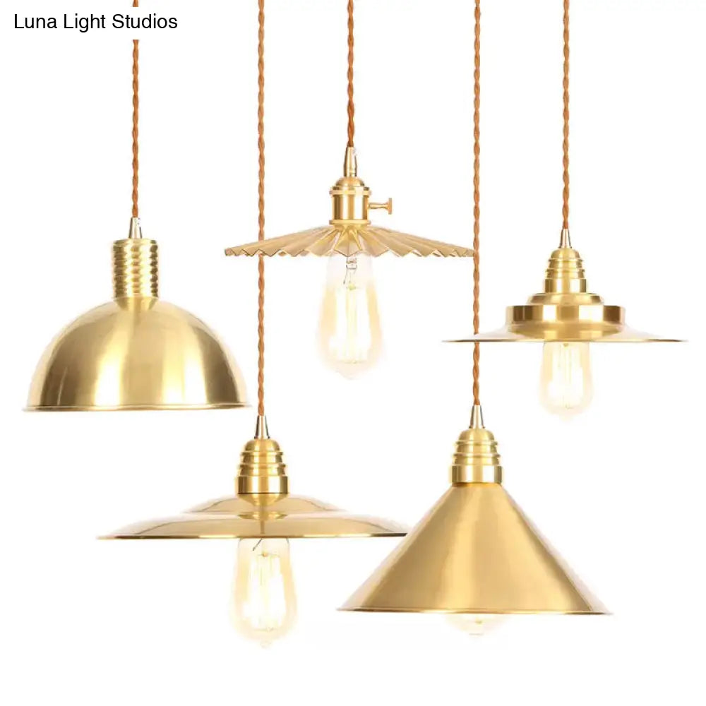 Iron Gold Pendant Lamp With Flat/Bowl/Cone Shade & Single-Bulb - Vintage Suspension Fixture /