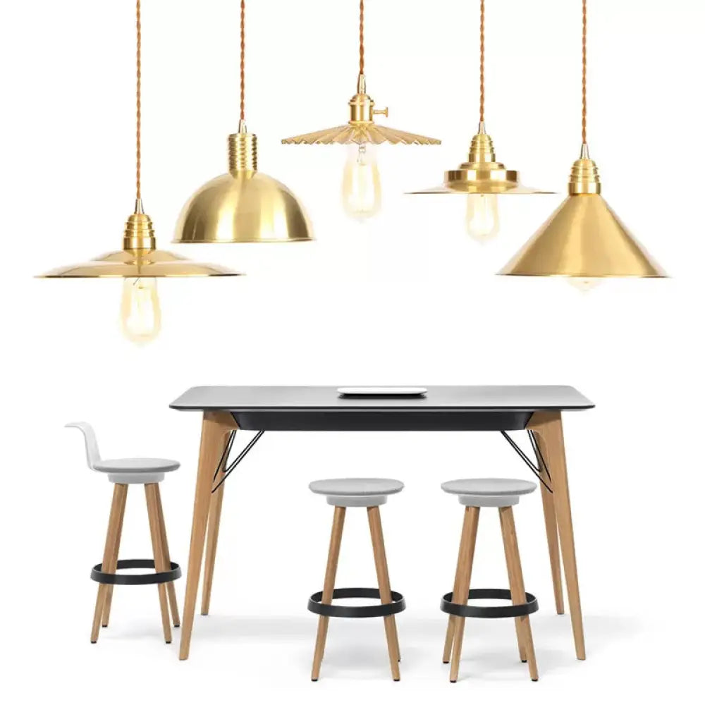 Antiqued Iron Gold Pendant Lamp With Single-Bulb Flat/Bowl/Cone Shade Suspension Fixture / Flare