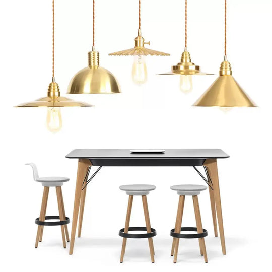 Antiqued Iron Gold Pendant Lamp With Single-Bulb Flat/Bowl/Cone Shade Suspension Fixture / Flare