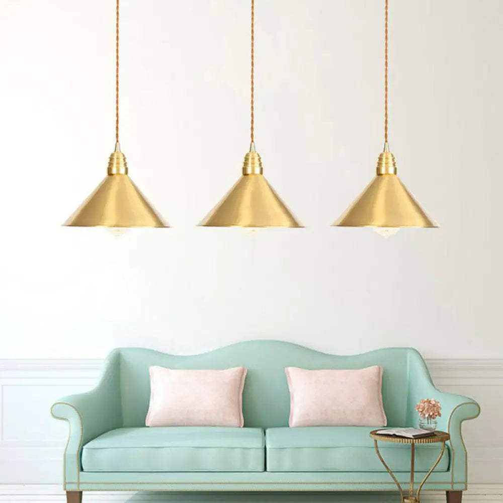 Antiqued Iron Gold Pendant Lamp With Single-Bulb Flat/Bowl/Cone Shade Suspension Fixture / Trumpet