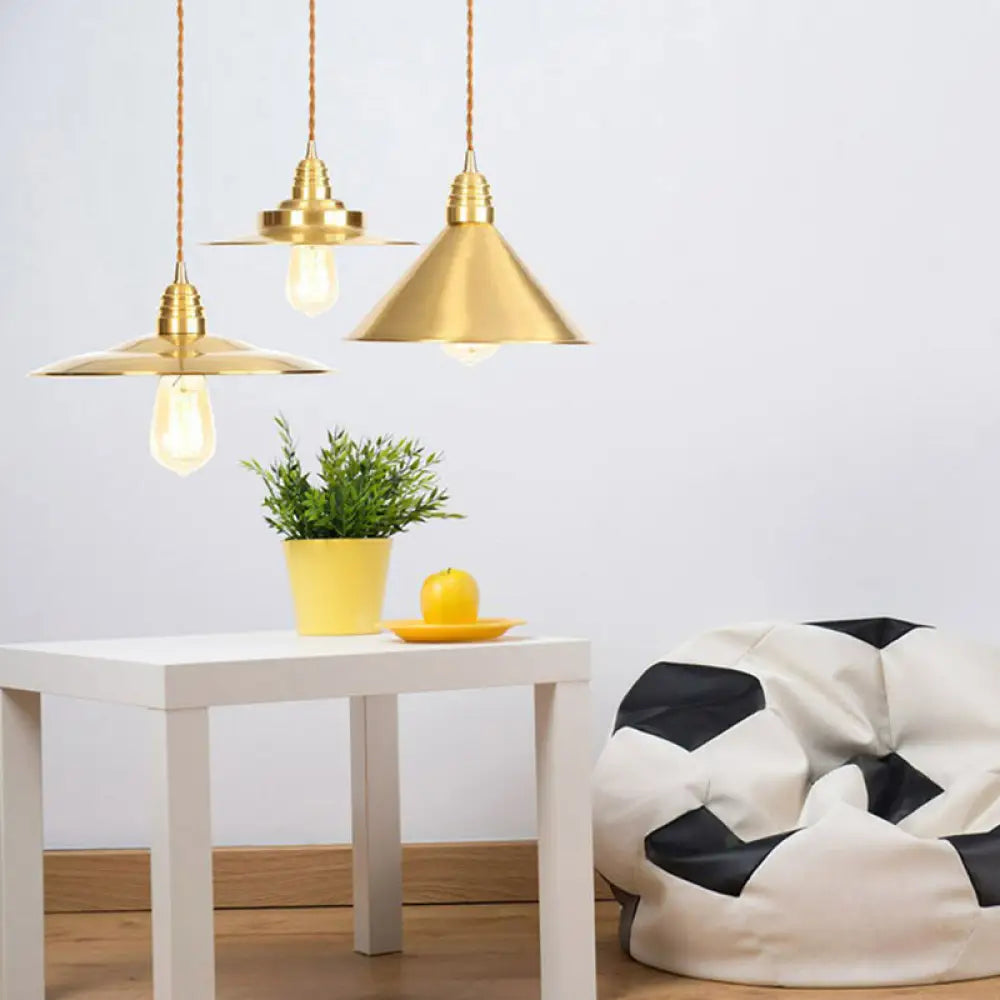 Antiqued Iron Gold Pendant Lamp With Single-Bulb Flat/Bowl/Cone Shade Suspension Fixture / Wide