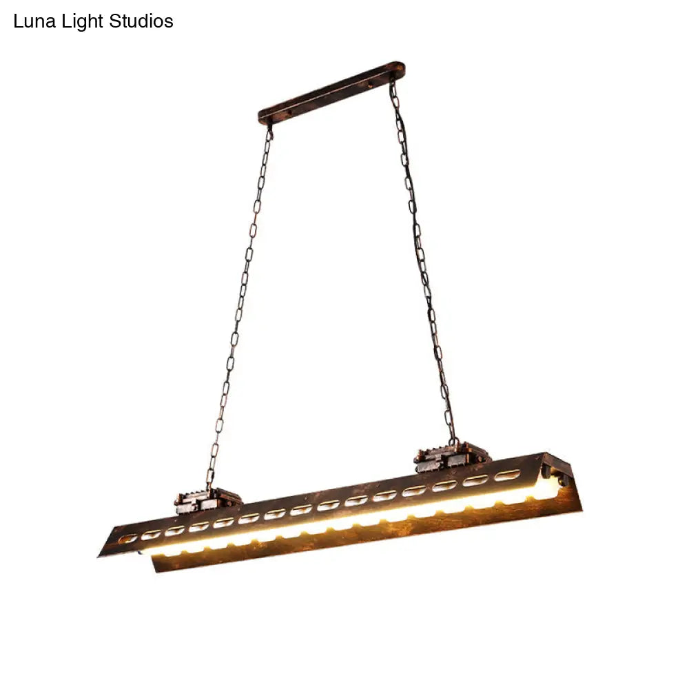 Antiqued Iron Rectangle Restaurant Island Lighting Fixture - Rust Finish 2 Bulbs Ceiling Hang