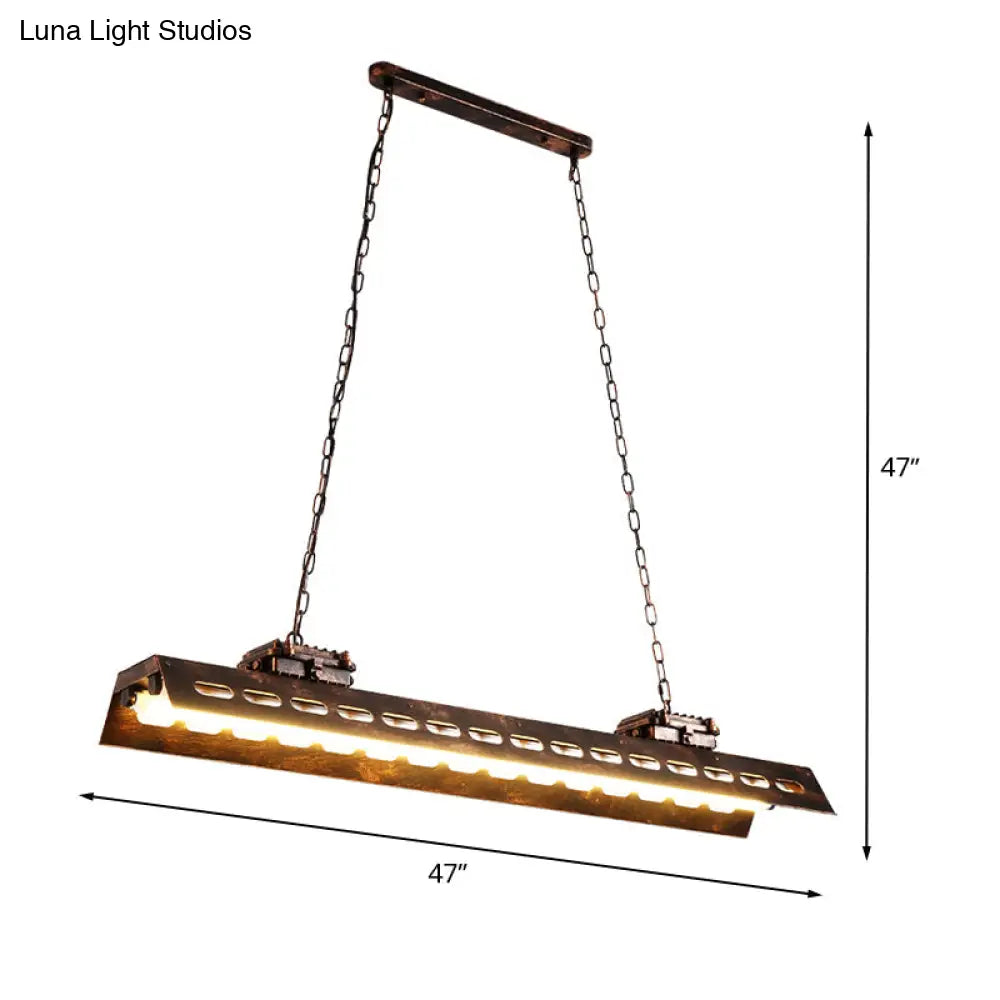 Antiqued Iron Rectangle Restaurant Island Lighting Fixture - Rust Finish 2 Bulbs Ceiling Hang