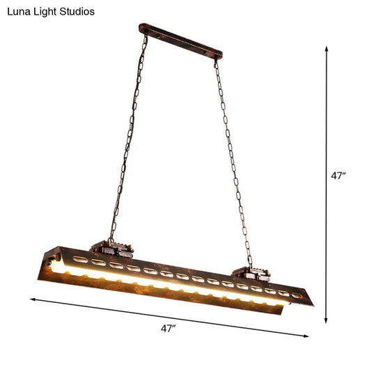 Antiqued Iron Rectangle Restaurant Island Lighting Fixture - Rust Finish 2 Bulbs Ceiling Hang