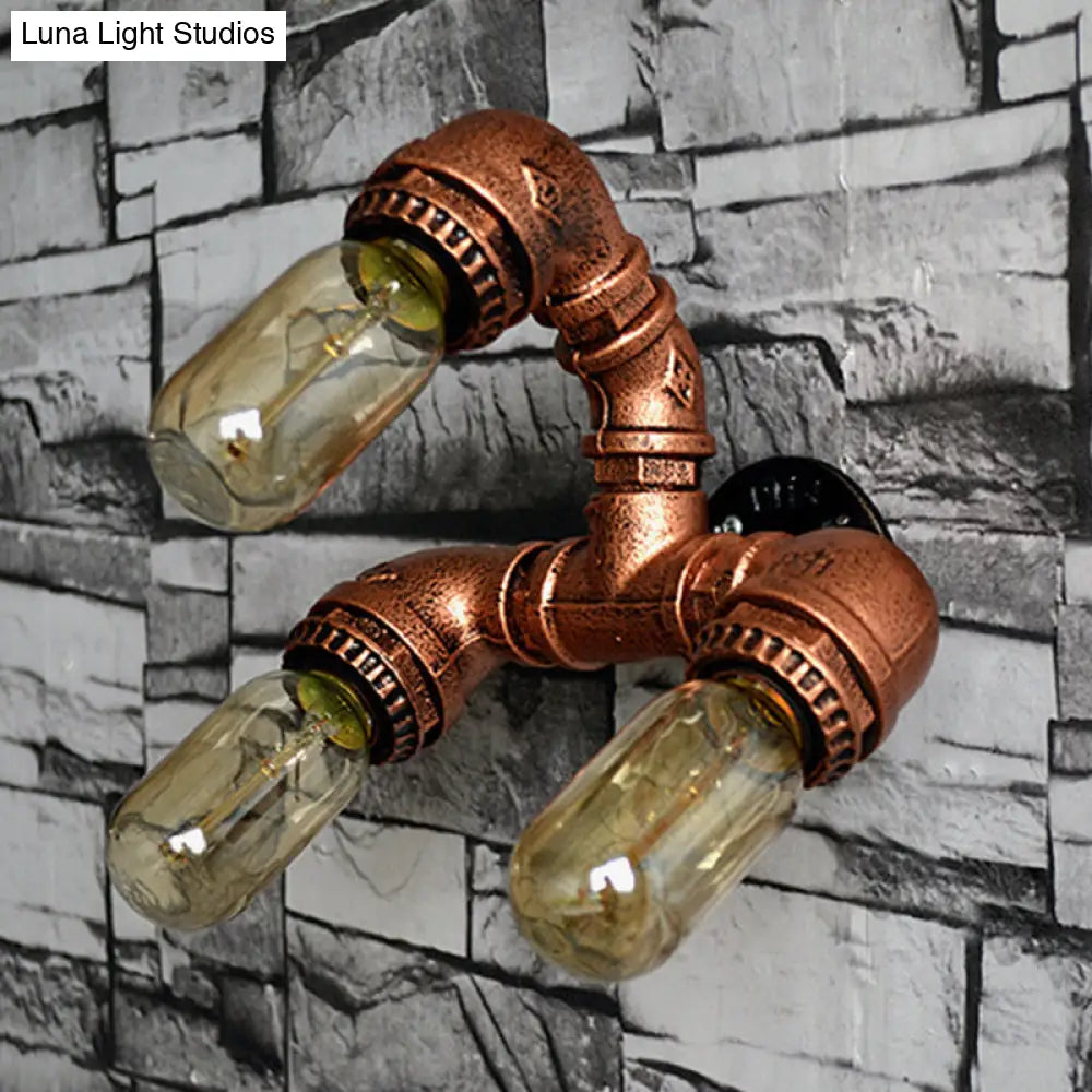 Antiqued Iron Water Pipe Wall Sconce With 3 Brass Bulbs For Corridor Lighting