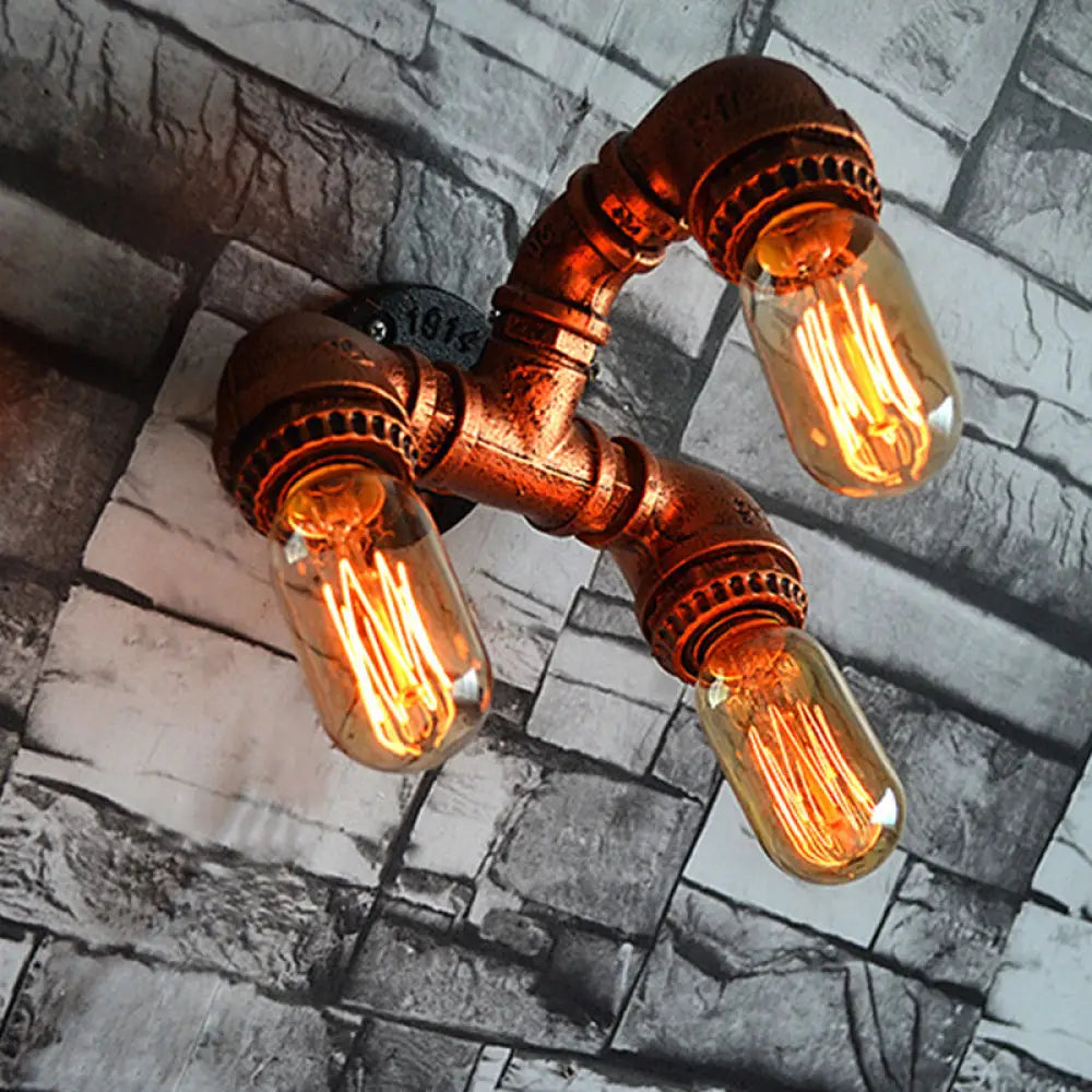 Antiqued Iron Water Pipe Wall Sconce With 3 Brass Bulbs For Corridor Lighting