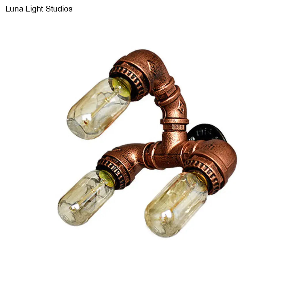 Antiqued Iron Water Pipe Wall Sconce With 3 Brass Bulbs For Corridor Lighting