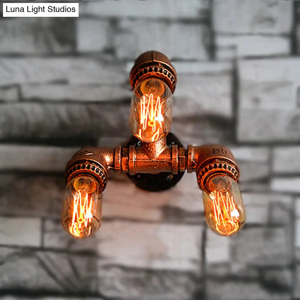 Antiqued Iron Water Pipe Wall Sconce With 3 Brass Bulbs For Corridor Lighting