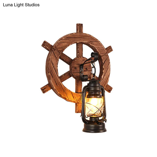 Antiqued Kerosene Wall Sconce With Clear Glass And Wood Leaf/Key Backplate For Dining Room Lighting