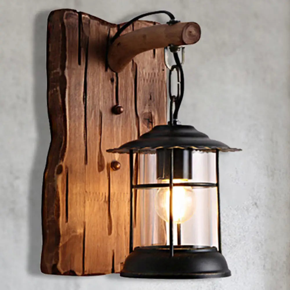 Antiqued Kerosene Wall Sconce With Clear Glass And Wood Leaf/Key Backplate For Dining Room Lighting