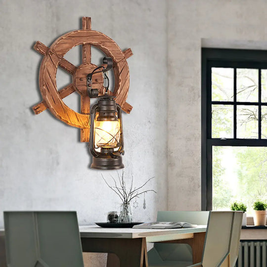 Antiqued Kerosene Wall Sconce With Clear Glass And Wood Leaf/Key Backplate For Dining Room Lighting