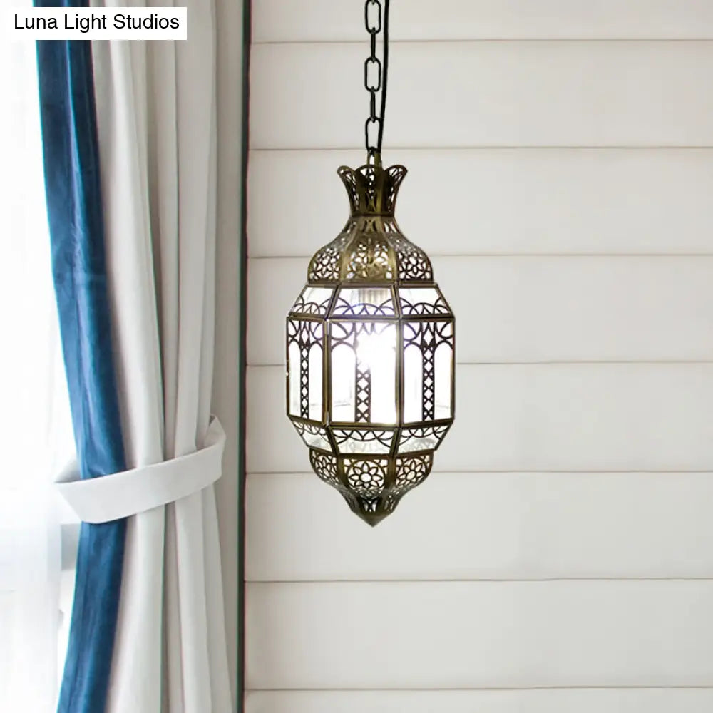 Antiqued Lantern Pendant Ceiling Lamp For Living Rooms - Metal Hanging Light Kit In Brass