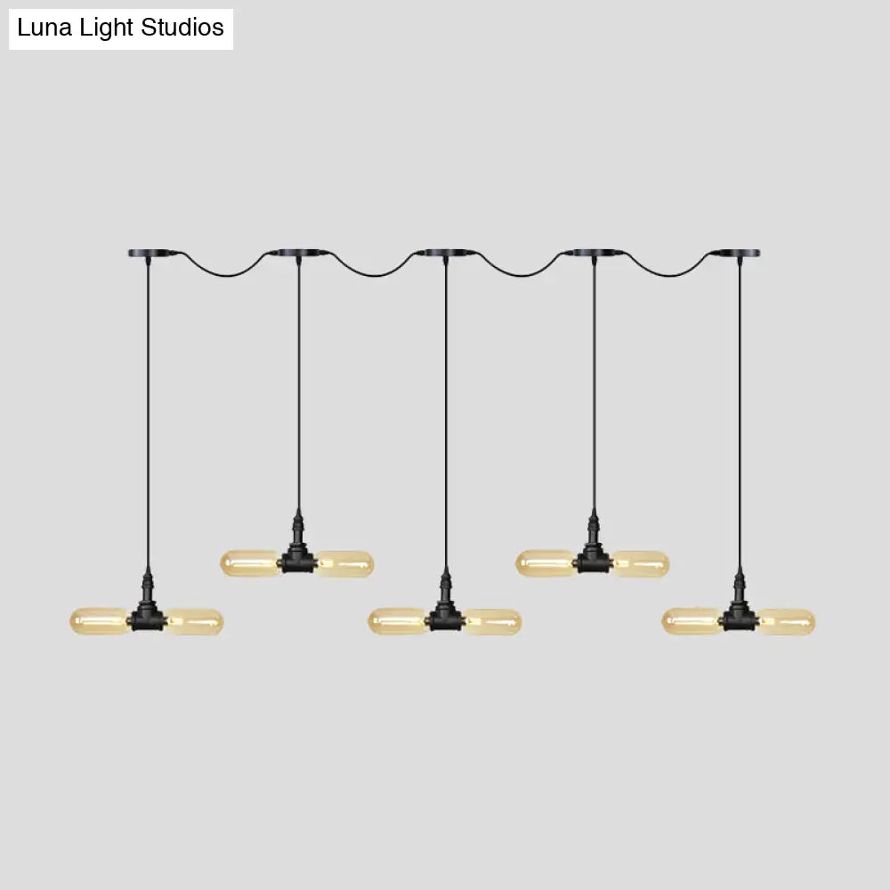 Antiqued Led Amber Glass Pendant Light – Black Hanging Capsule 6/10/14-Light Tandem Multi Lamp