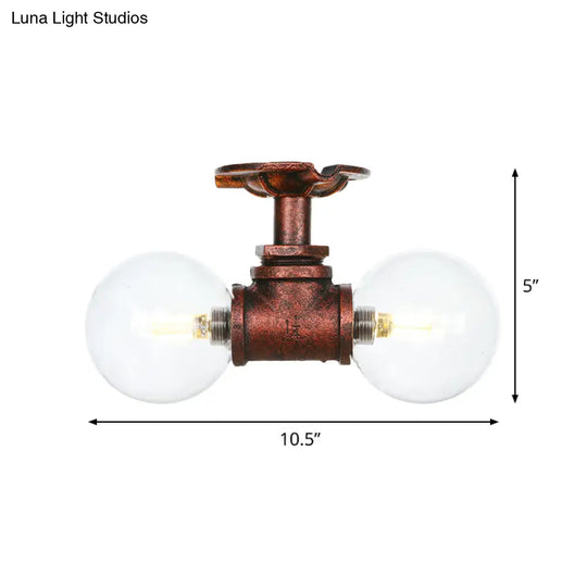 Antiqued Led Flush Mount Lamp With 2 Lights - Clear Glass & Copper Semi Lighting Ball