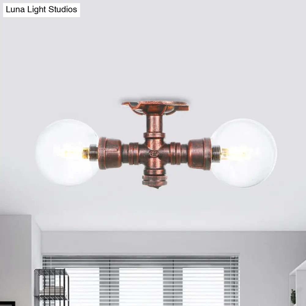 Antiqued Led Flush Mount Lamp With 2 Lights - Clear Glass & Copper Semi Lighting Ball / A