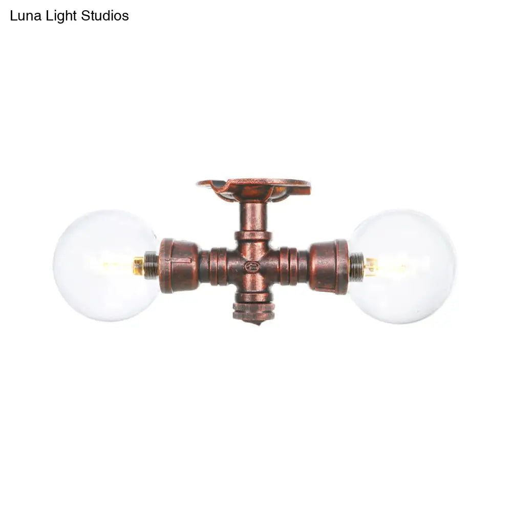 Antiqued Led Flush Mount Lamp With 2 Lights - Clear Glass & Copper Semi Lighting Ball