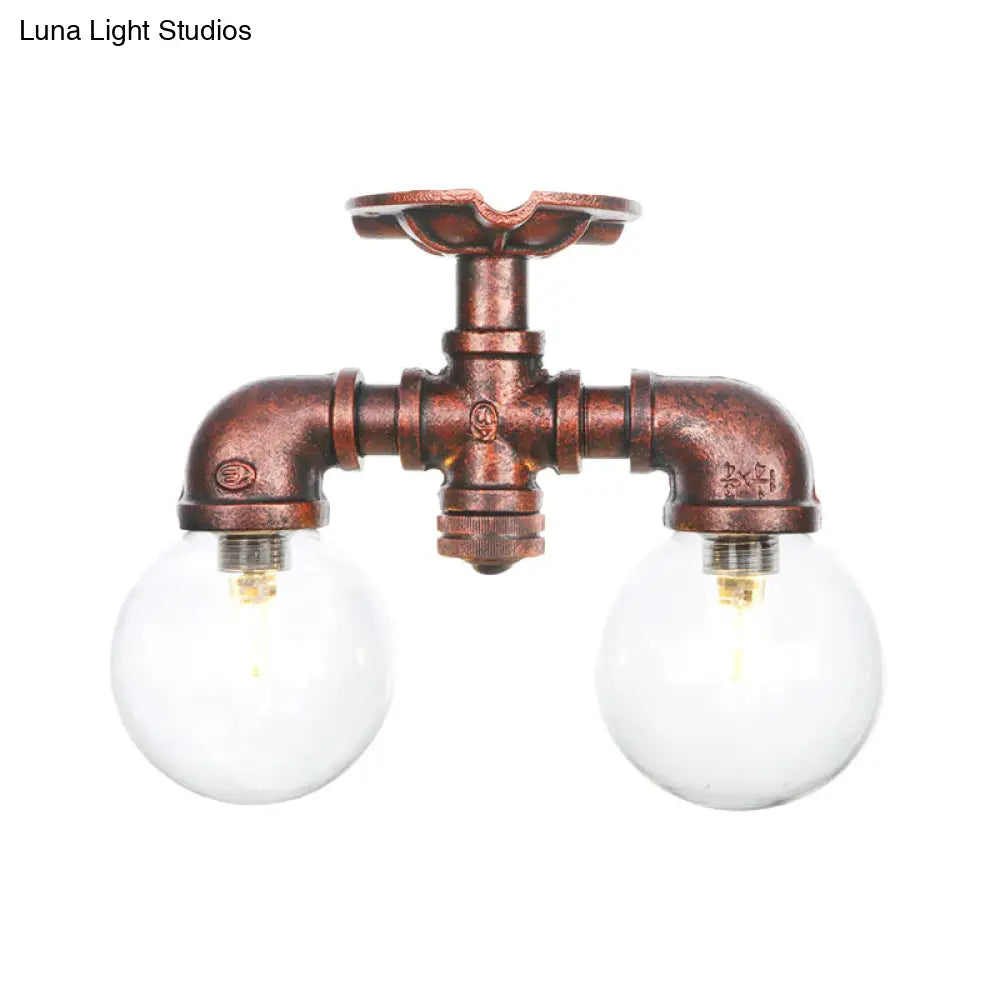 Antiqued Led Flush Mount Lamp With 2 Lights - Clear Glass & Copper Semi Lighting Ball