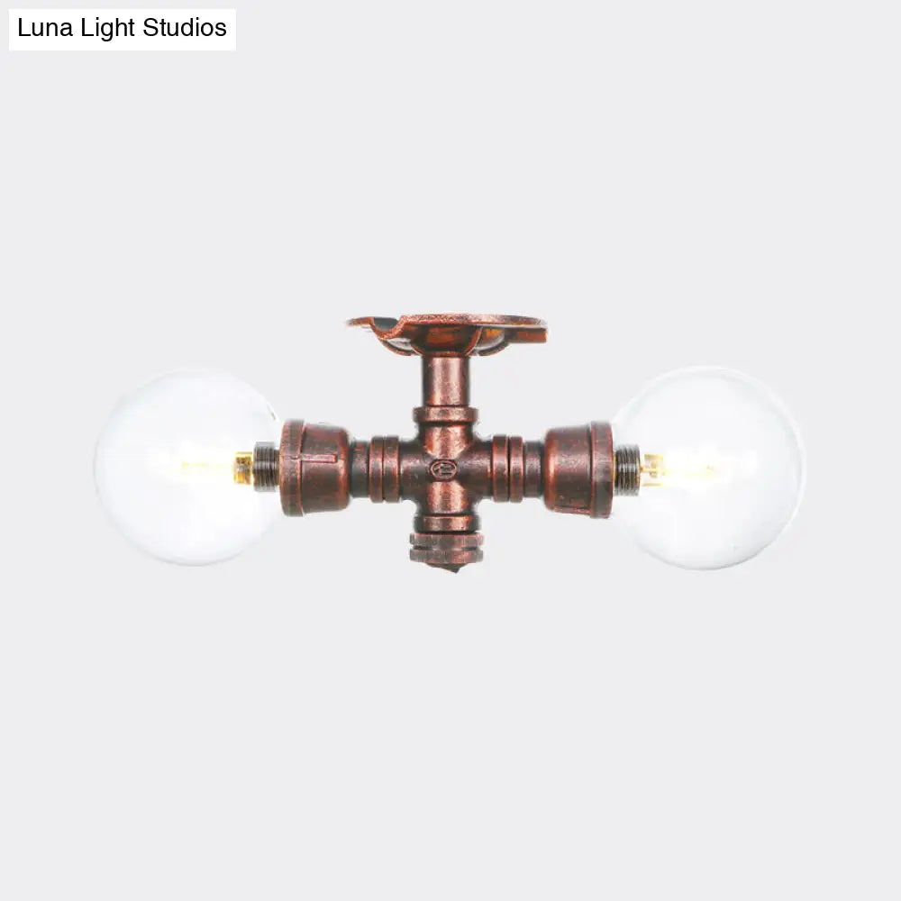 Antiqued Led Flush Mount Lamp With 2 Lights - Clear Glass & Copper Semi Lighting Ball