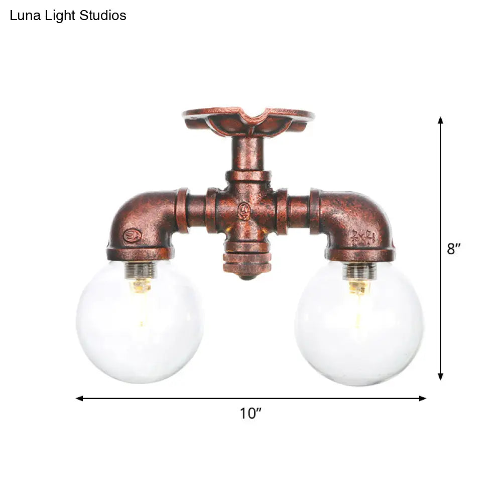 Antiqued Led Flush Mount Lamp With 2 Lights - Clear Glass & Copper Semi Lighting Ball